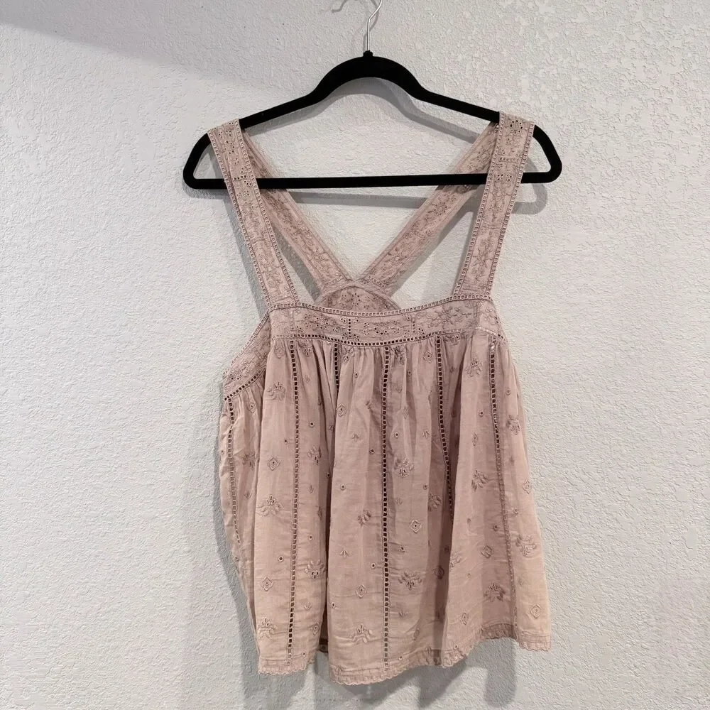 Unsubscribed Pink Eyelet Cami Tank Top Sleeveless Cotton Boho Casual Festival - Picture 1 of 8